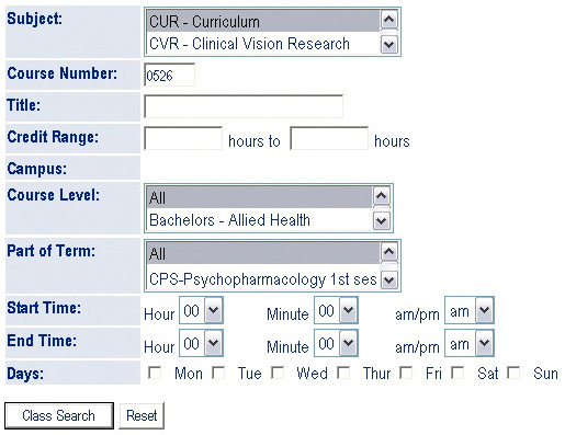 WebSTAR Search for Course by Subject and/or CRN